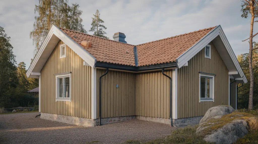 takoml ggning med tegelpannor och nya vindskivor i stenhamra eker